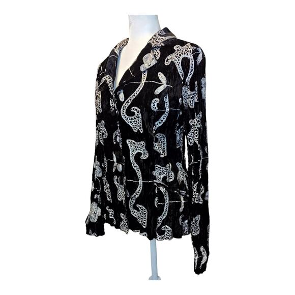 Alberto Makali Crinkle Velvet Black Embroidered Shirt Size Large Button Front - Picture 2 of 9